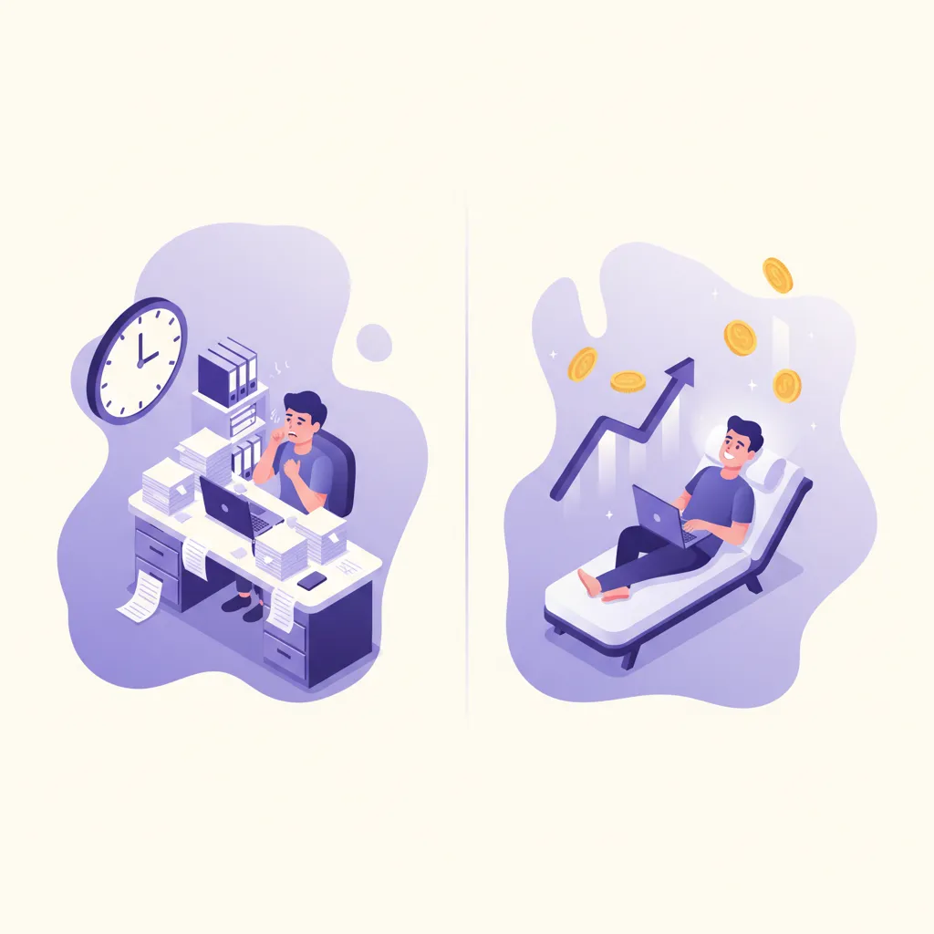 Before and after AI: stressed vs relaxed worker with growth